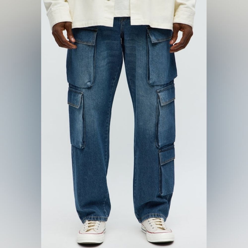 Men's 🎁 Straight Roo Dark Wash Cargo Jeans Fashion Nova